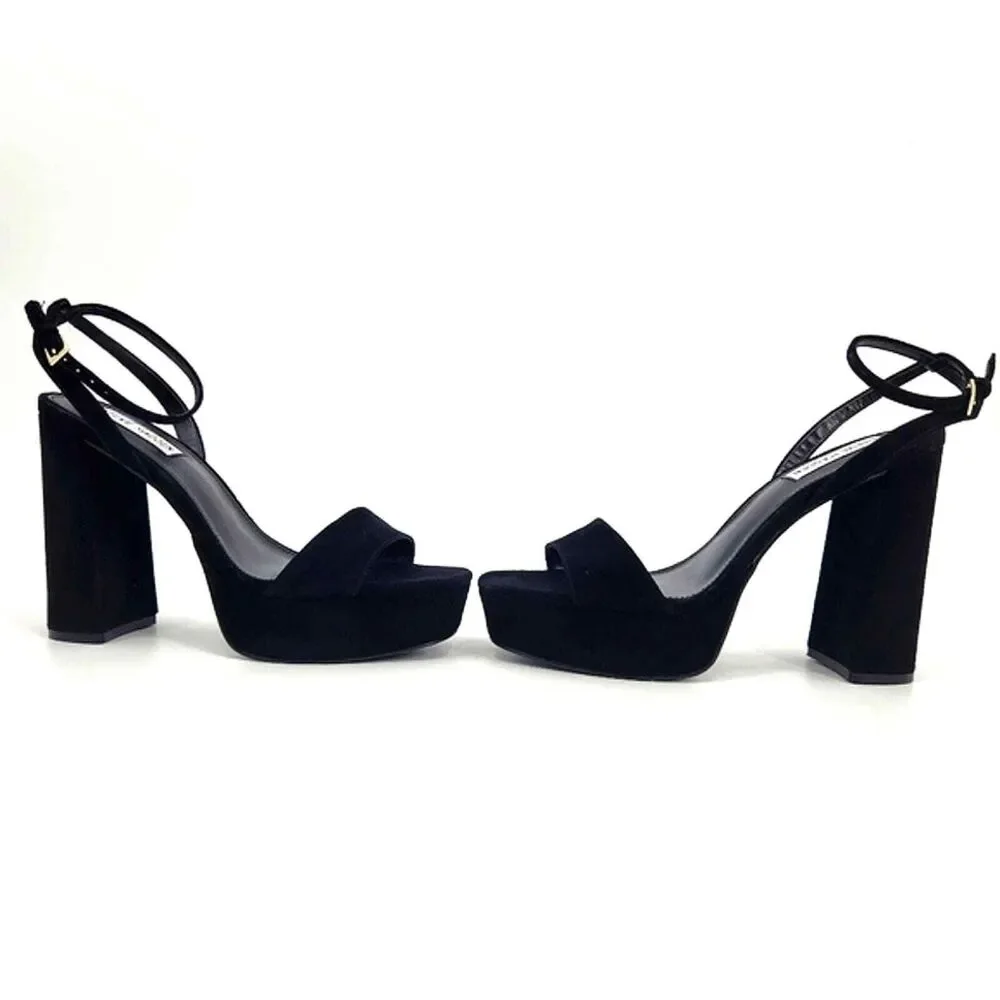Steve Madden Lessa Platform Sandals Womens Size 9.5 Black Suede Chunky Heels Y2K